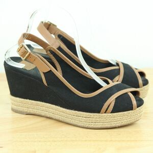 Tory Burch Espadrille Peep Toe Sandals Slingback Wedge 40 10 Black Canvas Resort